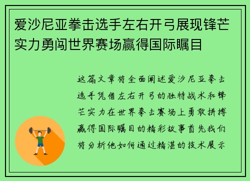 爱沙尼亚拳击选手左右开弓展现锋芒实力勇闯世界赛场赢得国际瞩目