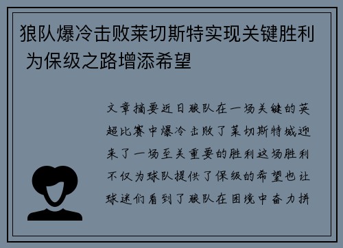狼队爆冷击败莱切斯特实现关键胜利 为保级之路增添希望