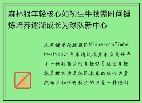 森林狼年轻核心如初生牛犊需时间锤炼培养逐渐成长为球队新中心