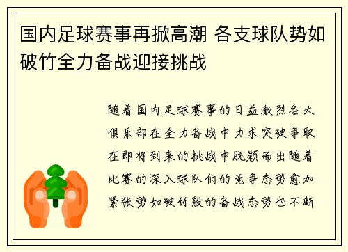 国内足球赛事再掀高潮 各支球队势如破竹全力备战迎接挑战