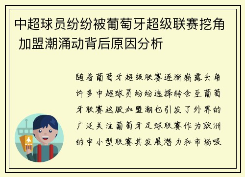 中超球员纷纷被葡萄牙超级联赛挖角 加盟潮涌动背后原因分析